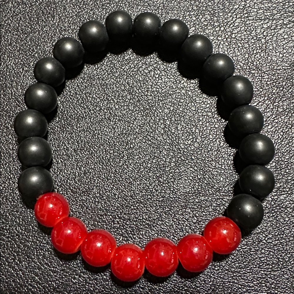 Matte Black & Polished Red Glass Bead Stretch Bracelet